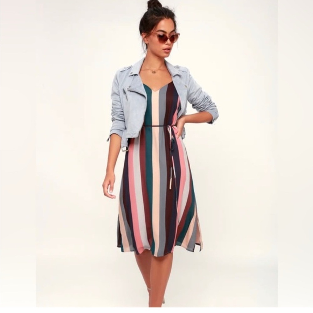 Lulus Erina Mauve Multi Stripe Belted Midi Slip Dress size medium NWT